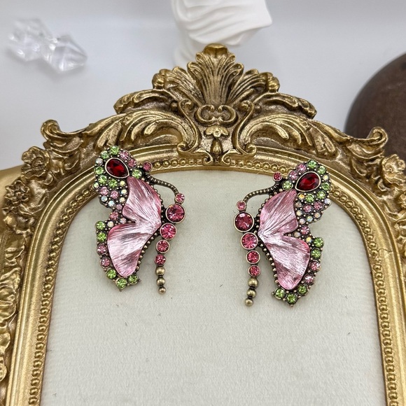 Vintage Butterfly Statement Earrings - Pink, Green & Red Crystal Accents - Picture 5 of 8